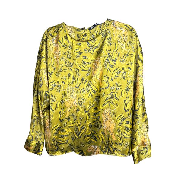 Zara Satin Tiger Print Blouse Yellow Green Long Sleeve Top size Medium Women’s - Picture 1 of 4